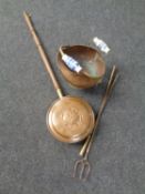 A Victorian copper and porcelain handled coal bucket together with a bed warming pan,