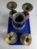 A tray containing a pair of Royal Doulton Lambeth vases (as found) together with a further Royal
