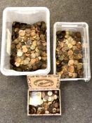 Two plastic tubs and a cigar box containing a large quantity of 19th century and later copper coins,