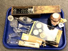 A tray of collectibles to include box of dominoes, a character jug depicting Sir Terry Wogan,