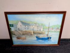 A contemporary oil on canvas depicting boats in a harbour