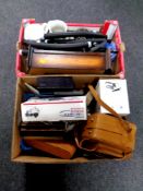 Two boxes containing silver plated rose bowl, contemporary wall clock, china, vintage cash tin,