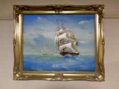 A contemporary oil on canvas depicting a three masted sailing ship in rough seas