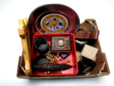 Two boxes of assorted militaria including inert bullets, ampere gauges,