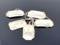 Five silver decanter labels - Sherry (2), Brandy (2) & Whisky.
