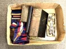 A box containing Masonic sash and apron, Masonic books, 19th century indenture in metal tin,