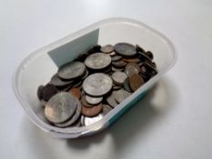 A tub containing a quantity of pre decimal coinage, crowns,