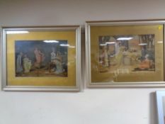 A pair of silvered framed prints depicting figures in Edwardian dress,