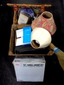 A wicker hamper containing blue and white china, bread bin etc,