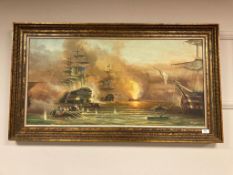 After George Chambers Senior : Bombardment of Algiers, oil on canvas, signed Meyer, 99 x 48 cm,