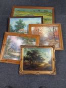 A collection of pictures and prints, gilt framed oil on board,