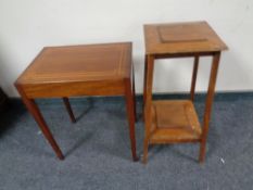 A reproduction inlaid mahogany occasional table together with a plant stand