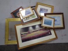 A box of assorted pictures and prints, gilt framed mirror,