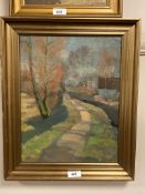 Continental school : A path by a canal, oil on canvas,