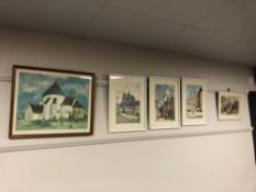 Five colour prints depicting buildings in a town (5)