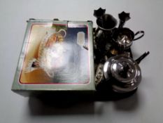 A tray containing Viner's silver plated tea service, other plated wares,