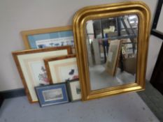 A group of framed pictures and prints, map of the British Isles, engravings,
