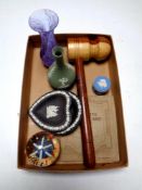 A box containing wooden gavel, Wills cigarette card album, paperweight,