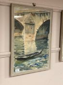 Jacques Delettry : Boat by a bridge, watercolour,