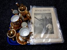A tray containing Bondware gilt coffee china, miniature Staffordshire commemorative mug,