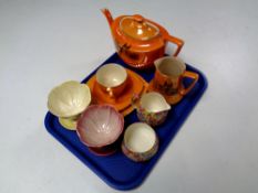 A tray of assorted ceramics, Crown Devon lustre five piece tea service,