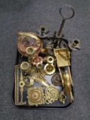 A tray of antique and later copper ware, brass spirit kettle (no stand), trivet,