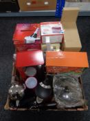 Two boxes containing miscellaneous electricals and kitchen wares to include halogen heaters,