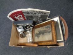 A box of 19th century toilet mirror, antique prints, loom shuttle etc.