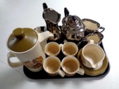 A tray of five piece Crown Devon Fieldings silver pottery tea service,