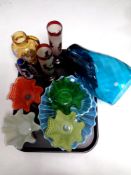 A tray of antique and later glass, hand painted jug and vase,