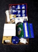 Two boxes of Ringtons china, teapots, wall plates, tea caddies,