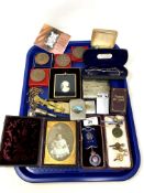 A tray containing Victorian daguerreotype, silver Order of Buffaloes medal, watch keys,