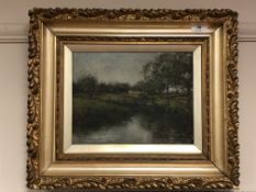 A Park : River landscape with buildings beyond, oil on panel, signed, 22cm by 29cm.