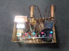 A box of miscellany to include metal wine racks, coat hooks, mirrored jewellery boxes,