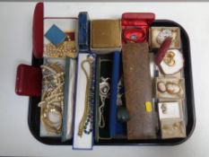 A tray of a large quantity of assorted costume jewellery, rolled gold cameo brooch,