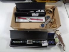 A box of assorted lady's and gent's wristwatches to include Oris, Accurist etc, gent's cuff links,