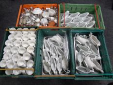 Five crates of catering china, salt and pepper pots.