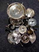 A tray of antique and later plated ware, Elkington silver plated crepe cooker on stand.
