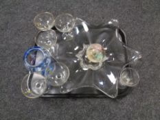A tray of assorted glass wares to include Babycham glasses, commemorative vase, paperweight,