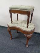 An antique kidney shaped Queen Anne dressing table stool together with a further footstool.