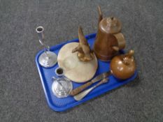 A tray of antique copper teapot and finial, Art Deco chrome candlesticks,