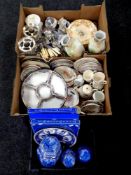 Two boxes and a basket of a quantity of miscellaneous china, Ringtons china, cutlery etc.