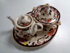 Three pieces of Masons Mandalay china to include tureen with lid, meat plate and teapot.