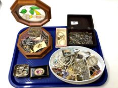 A tray containing costume jewellery, compass, Albert chain etc.