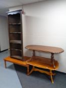 A Mexican pine coffee table together with two further coffee tables and a set of oak open shelves