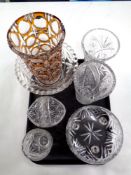 A tray of cut glass, crystal vases and bowls,