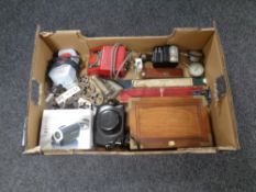 A box of miscellany to include slide rules, JJ Siddons convex iron, Petri camera etc.