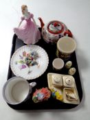 A tray of assorted ceramics to include Wade whimsies, 20th century Japanese teapot,