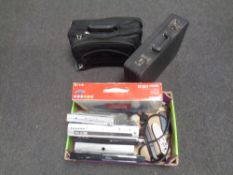 A leather briefcase together with a business bag/ trolley and a box containing Canon scanner,