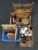 Two boxes and a crate containing a quantity of glassware, a hand painted glass vase,